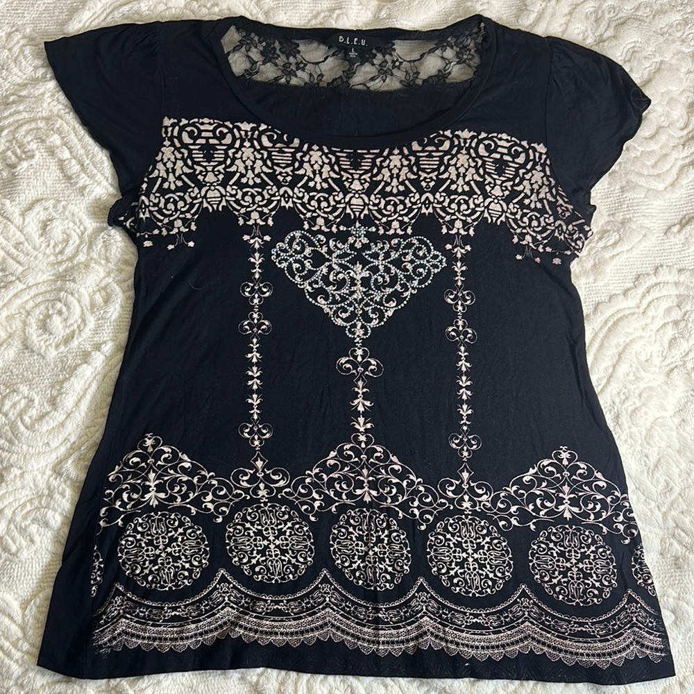 B.L.E.U. Black and White Lace and rhinestone Detail stretch tee Top